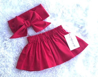 Falda de lunares rojos, falda de bebé, falda de niño pequeño, traje de niña bebé, falda, diadema de arco, arco marinero, diadema de bebé, diadema, arco grande