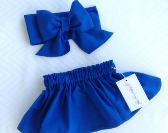 Falda de bebé azul, falda de niño pequeño, traje de niña bebé, falda, envoltura de cabeza de arco, envoltura de cabeza de bebé, lazo de pelo, envoltura de cabeza, lazo grande, falda de niña