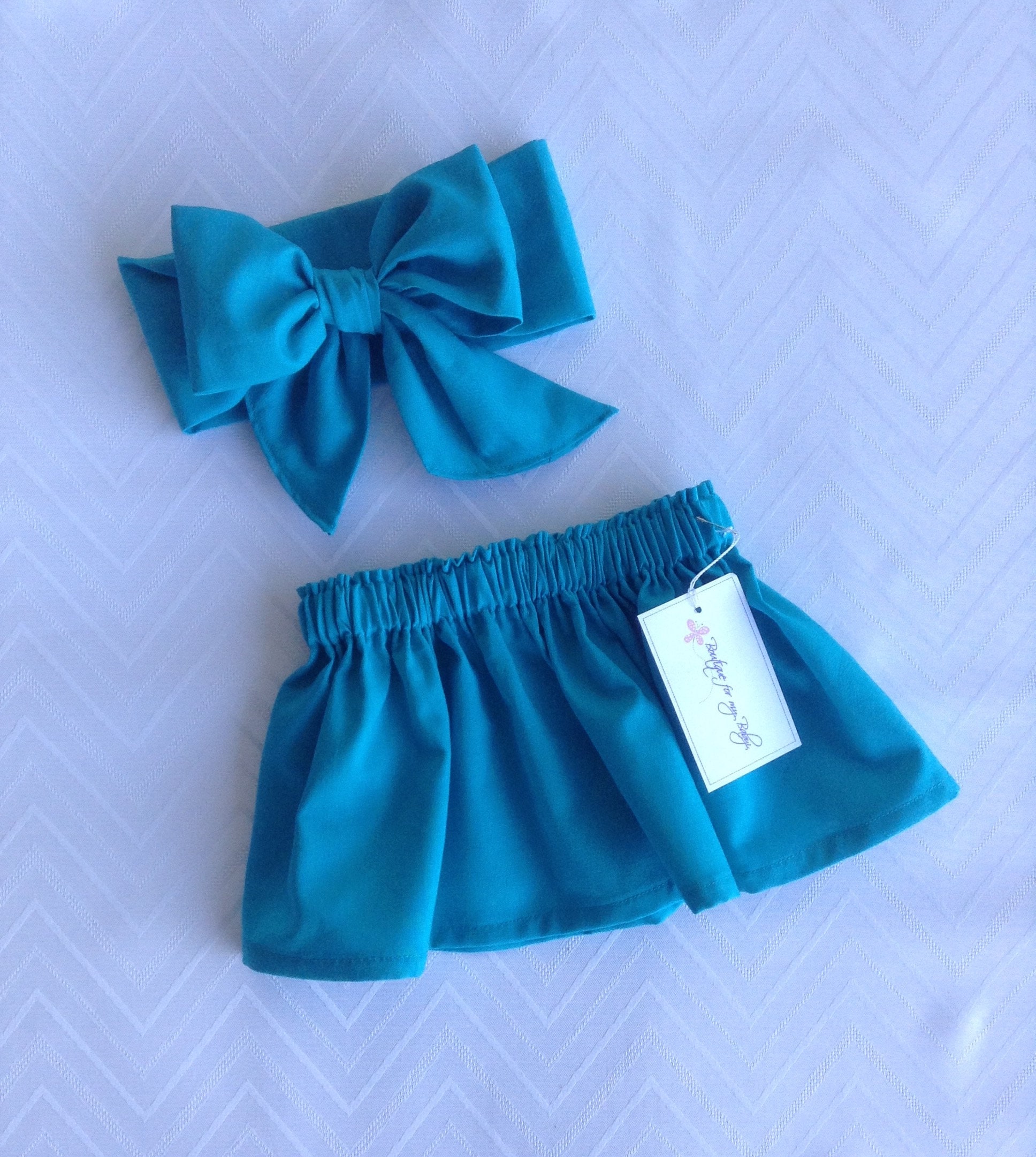 Turquoise Baby Skirt Set: Cotton Bow Headwrap, Handmade Outfit