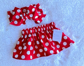 Minnie Maus Rock, roter Polka Dots Rock, Baby Rock, Kleinkind Rock, Mädchen Outfit, Kinderrock, Schleife Headwrap, Baby Kopftuch, Mädchen Rock