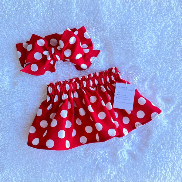 Minnie Mouse Skirt, Red Polka Dots Skirt, Baby Skirt, Toddler Skirt, Girl Outfit, Skirt, Bow Headwrap, Baby Headwrap, Girl Skirt