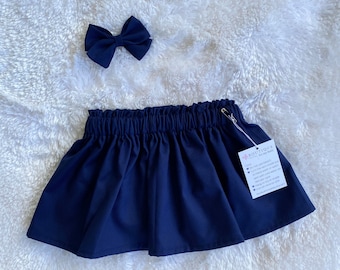 Marineblauwe rok, marineblauwe matrozenstrik, babyrok, peuterrok, baby-outfit, rok, matrozenboeg, babyboeg, haarboog