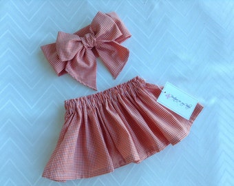 Orange Gingham baby skirt, Baby Skirt, Toddler Skirt, Baby Girl Outfit, Bow Headwrap, Baby Headwrap, Hair Bow, Headwrap, Big Bow, Girl Skirt