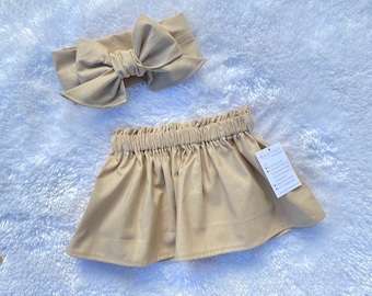 Khaki Baby Skirt, Toddler Skirt, Baby Girl Outfit, Skirt, Bow Headwrap, Baby Headwrap, Hair Bow, Headwrap, Big Bow, Girl Skirt