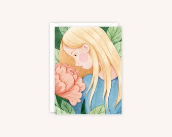 Peony Girl Greeting Card | Peony Notecard | Flower Greeting Card | Young Girl Notecard