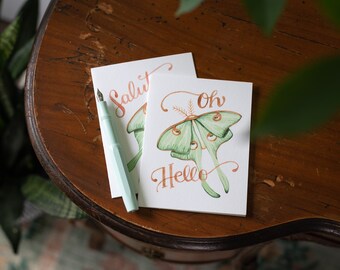 Just Saying Hello Card Set | Luna Moth Greeting Card | Hello Moth Watercolor Notecard | French Greeting Card