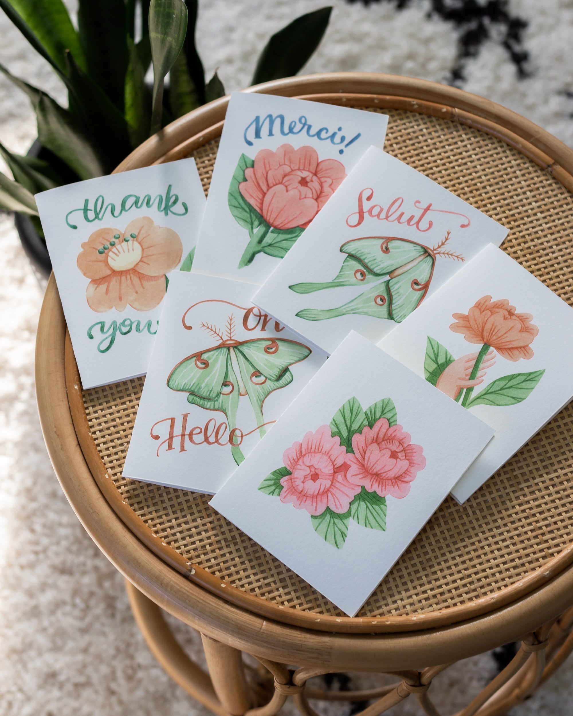 Paper Note Cards Stationery Peony Thank You Cards Pink Peony Merci Card ...