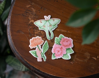 Peony and Luna Moth Sticker Set | Luna Moth Decals | Peony Stickers | Waterproof Vinyl Decals | Laptop Sticker | Water Bottle Sticker