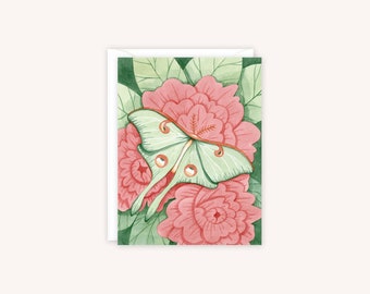 Midnight Luna Greeting Card | Luna Moth Notecard | Peony Greeting Card | Peony Notecard | Watercolor Card