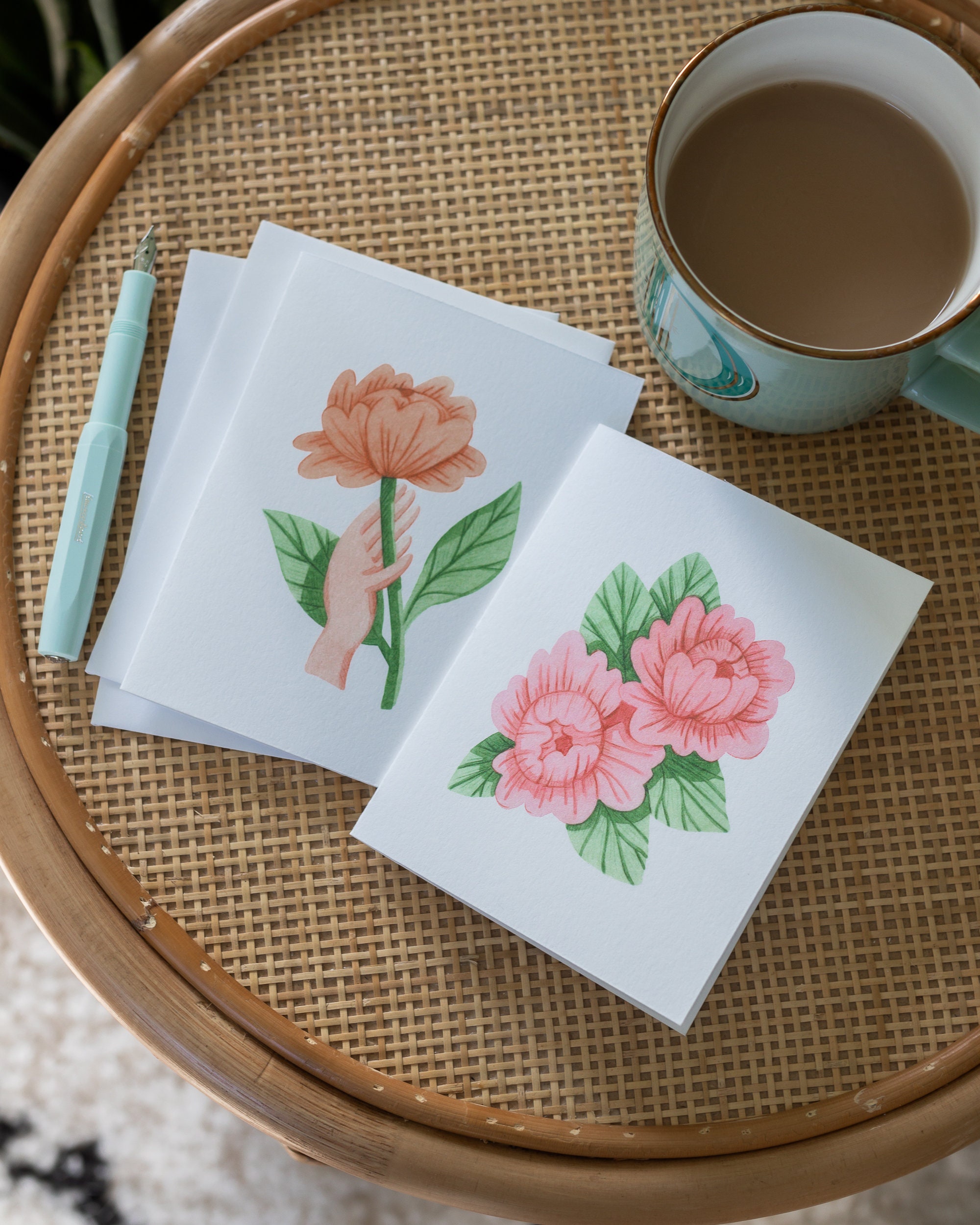 Paper Note Cards Stationery Peony Thank You Cards Pink Peony Merci Card ...
