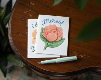 Grateful Peonies Card Set | Pink Peony Merci Card | Coral Peony Thank You Flower Notecard | Floral Card Set