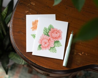 Simply Peonies Card Set | Pink Peony Greeting Card | Coral Peony Stationery | Flower Illustration