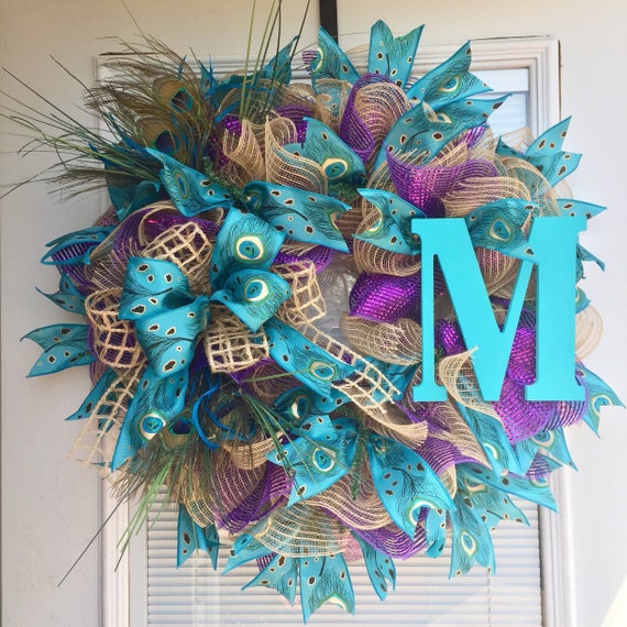 Burlap Wreath For Your Front Door Deco Mesh Wreath Peacock Etsy