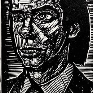 May include: Black and white linocut print of a man with long hair, wearing a suit and tie. The print is signed "NICK CAVE" A/P SEAN EABY. The artwork is framed in a black frame with a white mat.