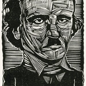 May include: Black and white woodcut print of Edgar Allan Poe, a famous American author. The print is signed "Poe" and "Sean Eaby" in the bottom corners.
