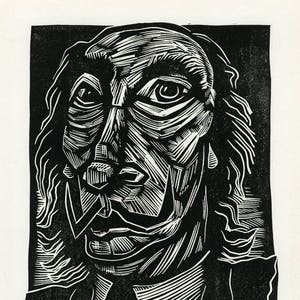 May include: Black and white woodcut print of Salvador Dali, a famous artist, with a mustache and a suit. The print is signed "Sean Eaby" and "A/P".