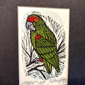 May include: A green and red parrot with a red eye ring perched on a branch. The image is a woodblock print titled "Parrot" AP Sean Eaby.