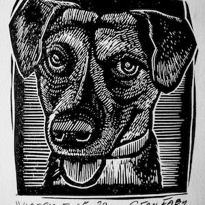 Happy Dog Linocut by Sean Eaby