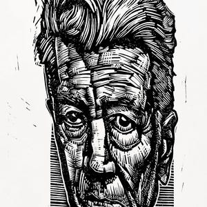 May include: Black and white woodcut print of a man's face with a strong jawline and a furrowed brow. His hair is styled in a pompadour and he has a serious expression.