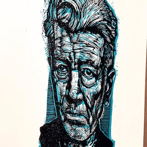 David Lynch two color linocut print by Sean Eaby