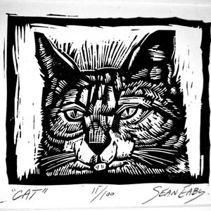 Cat Linocut print by Sean Eaby