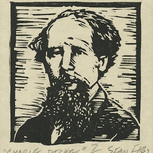 May include: Black and white woodcut print of Charles Dickens, a famous English author. The print is signed "Charles Dickens" and numbered "2/200" by the artist, Sean Eaby.