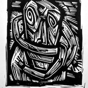 May include: Black and white woodcut print of a stylized human face with the text "ANXIETY" and the artist's signature "AIP SEAN EABY".