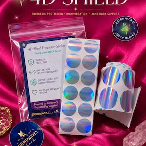 May include: A set of circular holographic stickers labeled 4D SHIELD Frequency Sticker, featuring text about energetic protection, negative influences, and light body support. The stickers are in a clear plastic bag with a round blue logo.