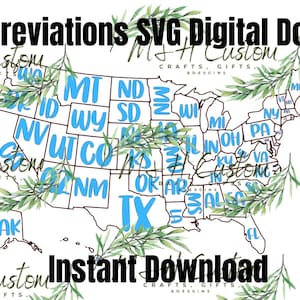 Puede incluir: Una descarga digital de un mapa de contorno en blanco y negro de los Estados Unidos con las abreviaturas de los estados en azul. El mapa está rodeado de hojas de acuarela verdes. El texto "USA Abbreviations SVG Digital Download" está en la parte superior de la imagen. El texto "Instant Download" está en la parte inferior de la imagen.
