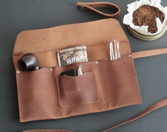 Leather Tobacco Pipe Case with Tray and Pipe Stand, Smoking Pipe Essen