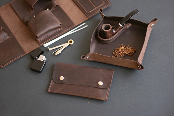 leather pipe tobacco tray Personalized Leather Pipe Smoker Set: Tray, Tobacco Pouch & Stand