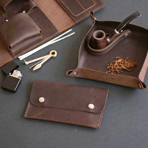 Gift for Pipe smokers  Personalized Leather Pipe Tray  + Tobacco Pouch + Pipe Stand  Pipe Smoker's Set