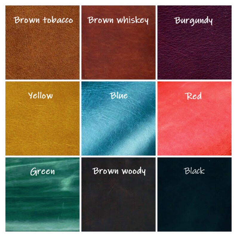 K&ouml;nnte beinhalten: Neun Lederproben in verschiedenen Farben, darunter braunes Tabak, braunes Whisky, Burgunder, Gelb, Blau, Rot, Gr&uuml;n, braunes Holz und Schwarz.