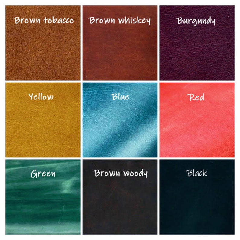 May include: Nine leather swatches in different colors, including brown tobacco, brown whiskey, burgundy, yellow, blue, red, green, brown woody, and black.