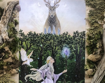 May include: A painting of a woman in a white dress standing in a forest with a deer in the background. The woman is holding a staff with a purple flower on top. The deer is standing on a hill with a crescent moon behind it.