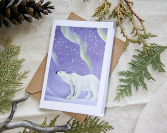 Handmade Polar Bear Christmas Card - Winter Aurora Art Card