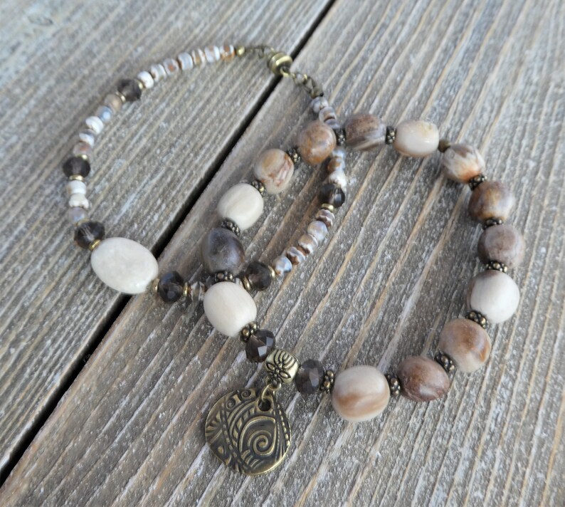 matte wood opalite bracelet-Tibetan agate bracelet-smoky topaz quartz gemstone bracelet