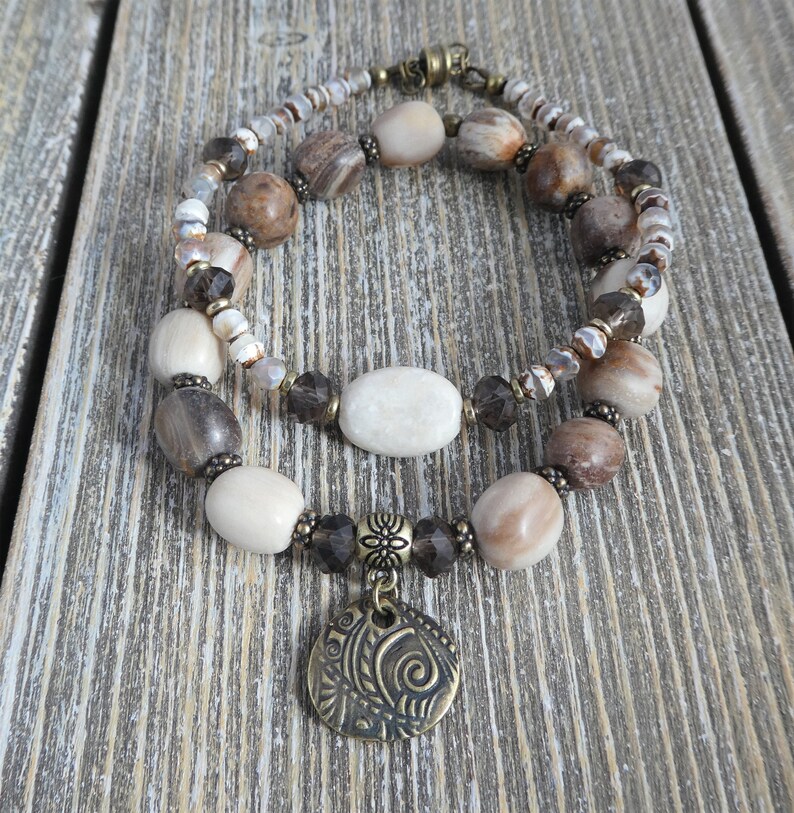 matte wood opalite bracelet-Tibetan agate bracelet-smoky topaz quartz gemstone bracelet