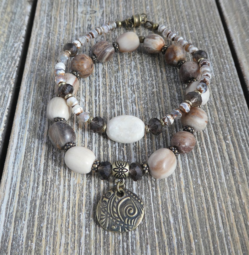 matte wood opalite bracelet-Tibetan agate bracelet-smoky topaz quartz gemstone bracelet