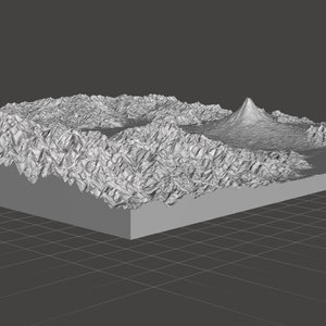 May include: A 3D rendering of a mountainous landscape with a large peak in the center. The landscape is rendered in grayscale and appears to be made of rock or stone.