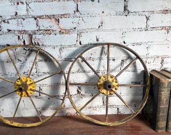 Vintage Pair 16” Steel Implement Wheels-8 Spoke Riveted -Farm Machinery- Industrial Décor