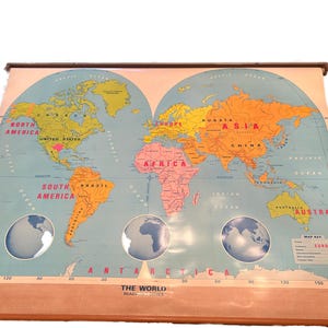 Vintage Classroom Large Global Color Retractable Wall Map