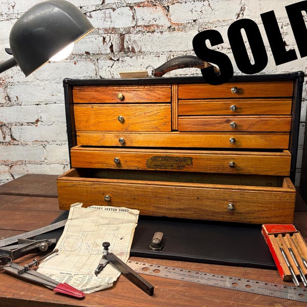Vintage 8 Drawer Machinist Tool Chest w/ Oak Drawers and Metal Cabinet