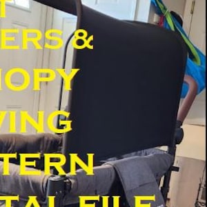 Può includere: Un carrello nero con un sedile e una cappotta in tessuto grigio. Il carrello ha un telaio nero e grandi ruote nere. Il testo "SEAT COVERS & CANOPY SEWING PATTERN DIGITAL FILE ONLY (to print and cut to sew)" è stampato in giallo sul carrello.