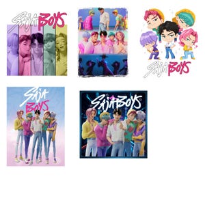 May include: Multiple images featuring the text "Saja Boys" with various illustrations. One image shows a group of animated figures in colorful outfits. Other images display stylized portraits of people and group photos.
