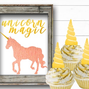 UNICORN CUPCAKE TOPPERS Printable Digital Rose Gold Unicorn Cupcake Topper, Unicorn Party Decorations, Gold Unicorn Birthday Party Decor