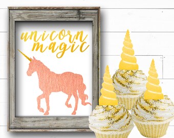 UNICORN CUPCAKE TOPPERS Printable Digital Rose Gold Unicorn Cupcake Topper, Unicorn Party Decorations, Gold Unicorn Birthday Party Decor