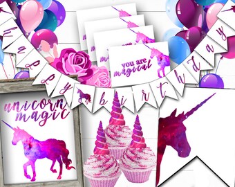 UNICORN BIRTHDAY PARTY Set Printable Digital Galaxy Unicorn Birthday Set, Unicorn Party Decorations, Purple Pink Unicorn Birthday Decoration