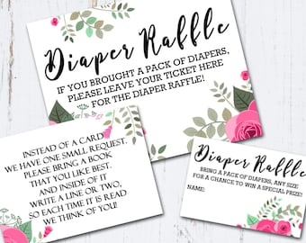 Pink Floral Baby Shower DIAPER RAFFLE Set Printable Digital DOWNLOAD Pink Floral Baby Shower Book Request Diaper Raffle Game It's a Girl