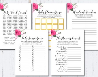 Pink Floral Baby Shower Games Printable INSTANT DOWNLOAD Digital Floral Baby Shower Set Floral Gender Reveal Party Pink Baby Shower Games